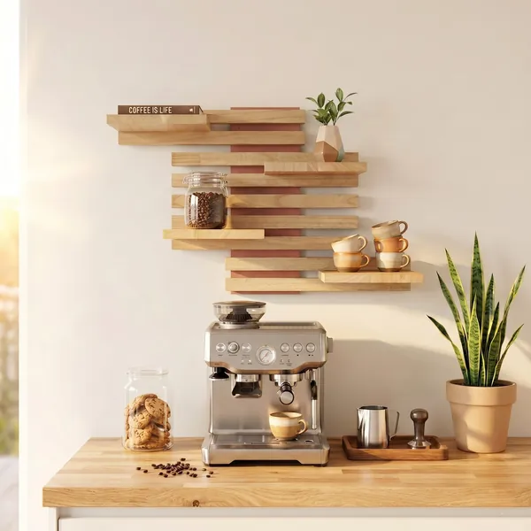 Terracotta Qoka Shelf above a coffee machine, with jars and cups