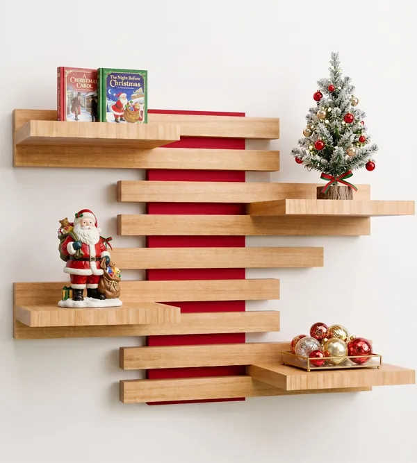 Qoka Shelf, red base panel, limited edition, with Christmas decorations